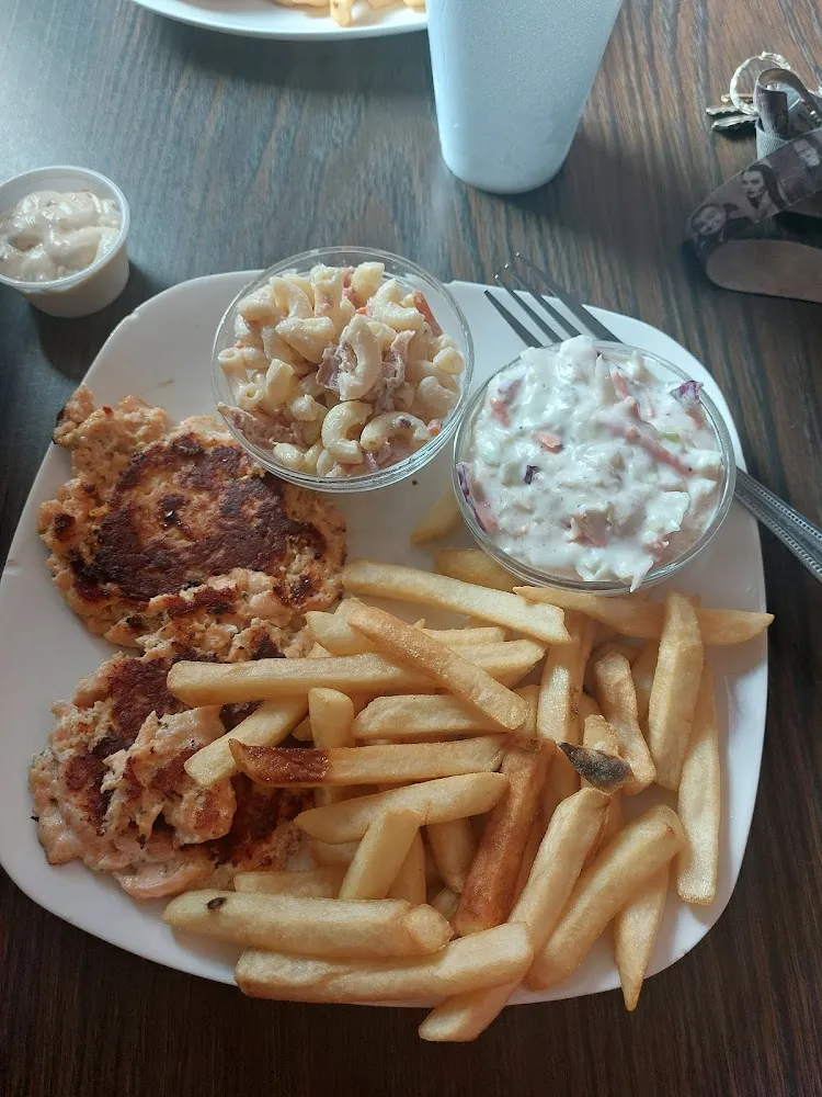 Salmon Patties Coleslaw Macaroni Salad and French Fries